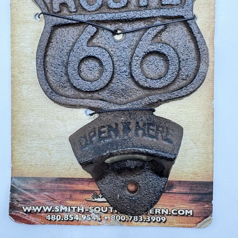 Cast Iron Historic US Route 66 Beer Soda Bottle‎ Opener Wall Mount Antique Brown
